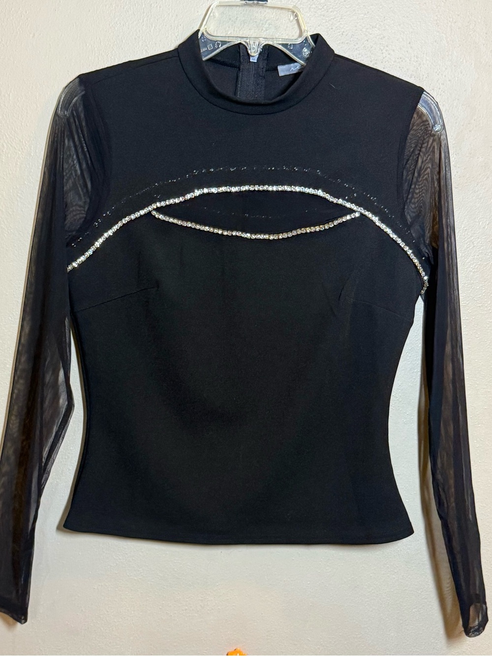 Gorgeous Red by BKE Black Mesh-Sleeve Rhinestone Embellished Mock Neck Top Med